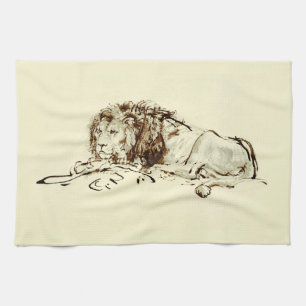 Vintage Rembrandt Ink Sketch of a Lion Towel