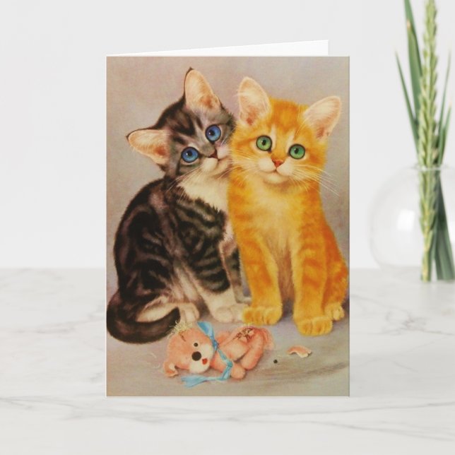 Vintage Remorseful Kittens Note Card (Front)