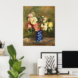 Vintage Renoir Pink Rose Bouquet Blue Vase Art Poster