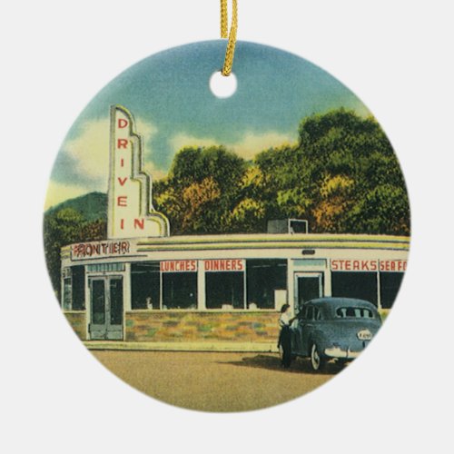 Vintage Restaurant 50s Drive In Diner and Cars Ceramic Ornament