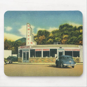 Vintage Restaurant, 50s Drive In Diner and Cars Mouse Pad
