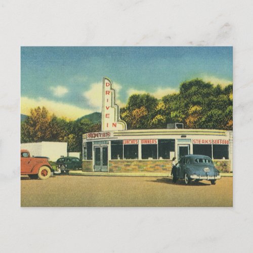 Vintage Restaurant 50s Drive In Diner and Cars Postcard
