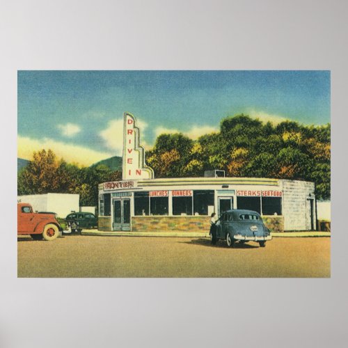 Vintage Restaurant 50s Drive In Diner and Cars Poster