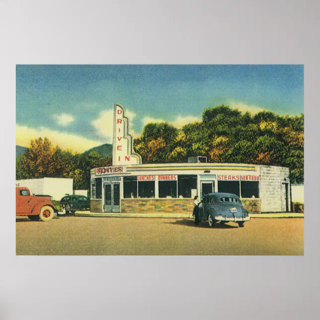 Vintage Restaurant, 50s Drive In Diner and Cars Poster | Zazzle