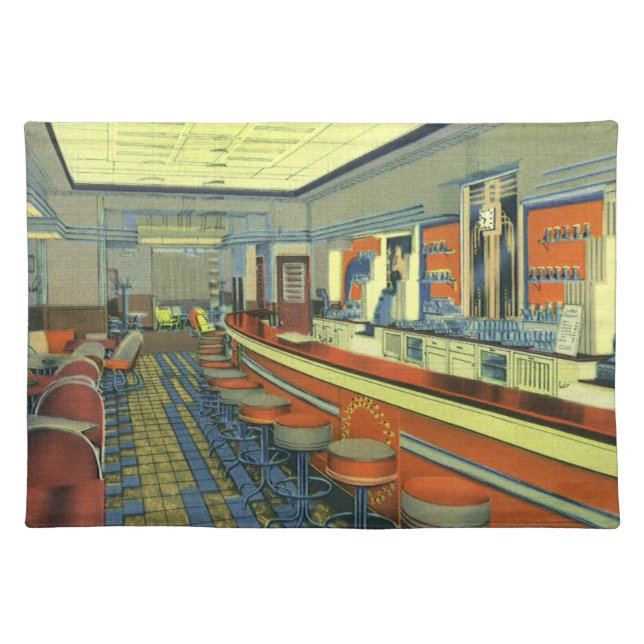 Vintage Restaurant, Retro Roadside Diner Interior Cloth Placemat (Front)