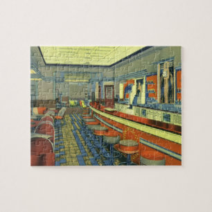 Vintage Restaurant, Retro Roadside Diner Interior Jigsaw Puzzle