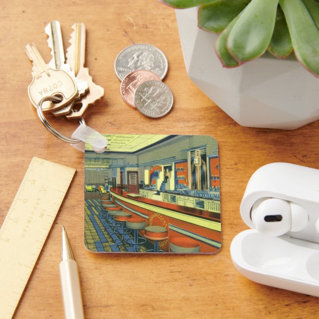 Vintage Restaurant, Retro Roadside Diner Interior Keychain (Desk)