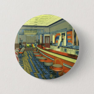 Vintage Restaurant, Retro Roadside Diner Interior Pinback Button