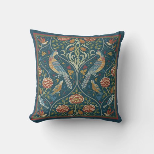 Vintage Restoration William Morris Tree Birds Blue Throw Pillow