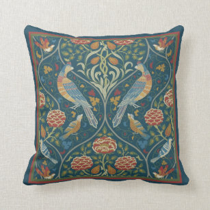 Vintage Restoration William Morris Tree Birds Blue Throw Pillow