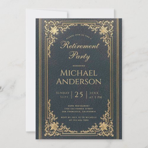 Vintage Retirement Party Blue Gold Elegant Script  Invitation