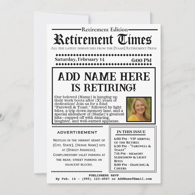 Vintage “Retirement Times” Newspaper Invitation (Front)