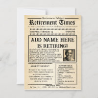 Vintage “Retirement Times” Newspaper Invitation  Postcard