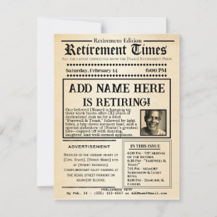 Vintage “Retirement Times” Newspaper Invitation Postcard