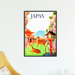 Vintage Retro 1930s Travel Deer Temple Japan Asia Poster