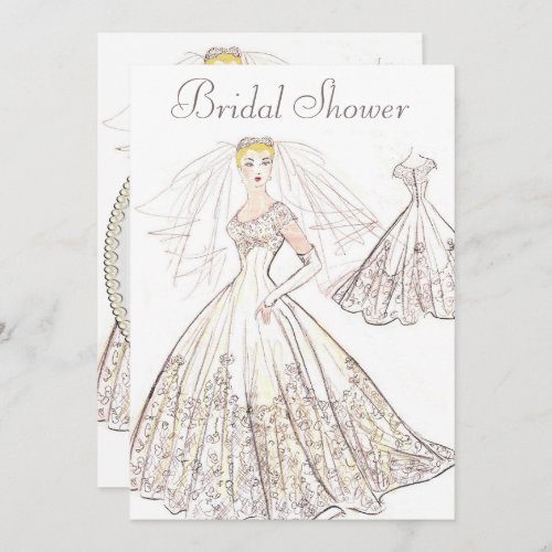 Vintage Retro 1950 Blonde Bride Gown Bridal Shower Invitation