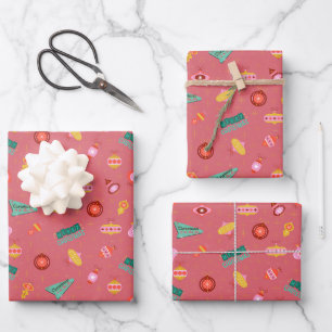 Vintage Retro 1960's Christmas on Candy Pink Wrapping Paper Sheets