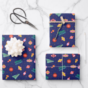 Vintage Retro 1960's Christmas on Dark Blue Wrapping Paper Sheets