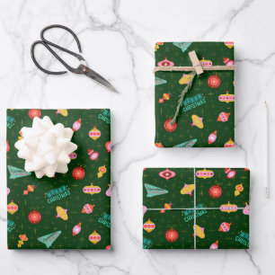Vintage Retro 1960's Christmas on Dark Green Wrapping Paper Sheets