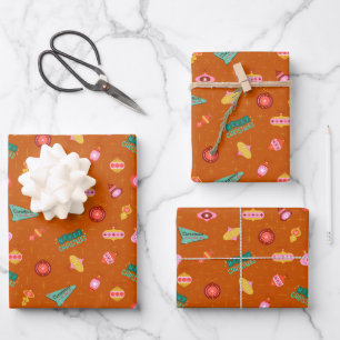 Vintage Retro 1960's Christmas on Dark Orange Wrapping Paper Sheets