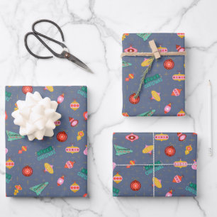 Vintage Retro 1960's Christmas on Gray Blue Wrapping Paper Sheets