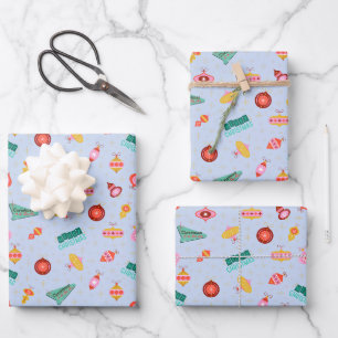Vintage Retro 1960's Christmas on Light Blue Wrapping Paper Sheets
