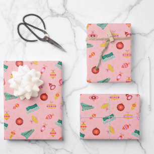 Vintage Retro 1960's Christmas on Pale Pink Wrapping Paper Sheets