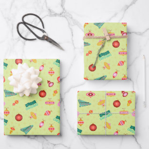 Vintage Retro 1960's Christmas on Yellow Green Wrapping Paper Sheets