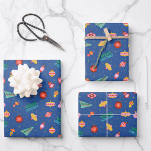 Vintage Retro 1960's Christmas Ornaments on Blue Wrapping Paper Sheets
