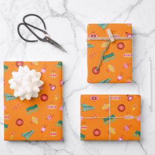 Vintage Retro 1960's Christmas Ornaments on Orange Wrapping Paper Sheets