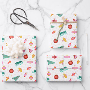 Vintage Retro 1960's Christmas Ornaments on White Wrapping Paper Sheets