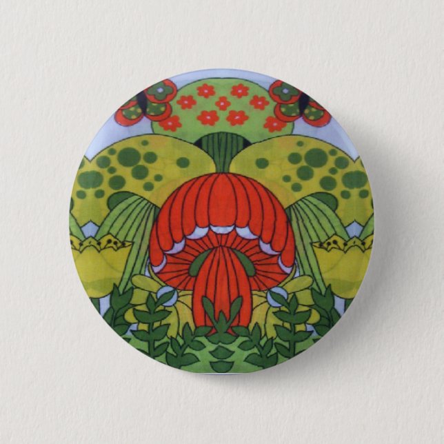 Vintage Retro 60's Hippie Mushroom Print Badge Button (Front)