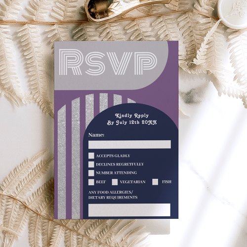 Vintage retro 70s navy blue arch wedding rsvp invitation