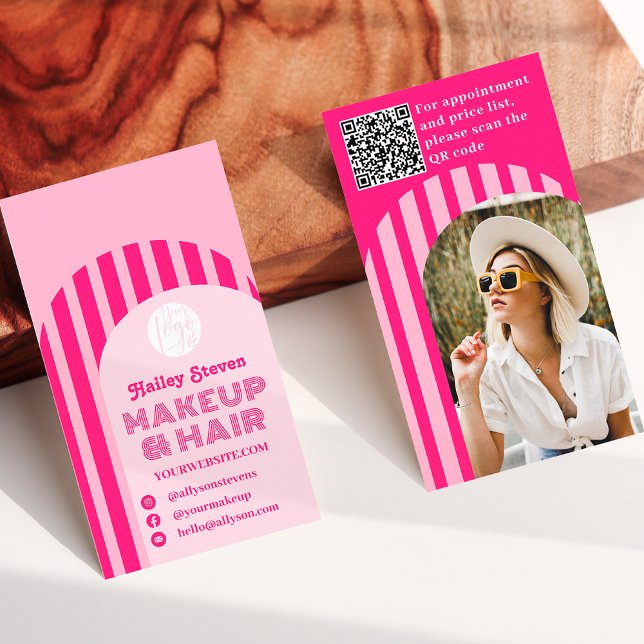 Vintage retro 70s neon pink arch photo makeup business card (Vintage retro 70s neon pink arch photo makeup business card)
