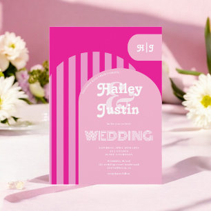 Vintage retro 70s pink arch photo wedding invitation