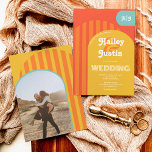 Vintage retro 70s terracotta arch photo wedding invitation<br><div class="desc">Vintage retro 70s burnt orange terracotta arch photo wedding featuring colorful orange,  yellow,  retro groovy teal blue striped arch,  and geometric shapes. Add your initials ,  monogram and photo. All the colors are fully editable to match your wedding color palette. Modern and retro bold fonts.</div>