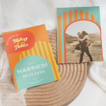 Vintage retro 70s terracotta arch photo wedding save the date<br><div class="desc">Vintage retro 70s burnt orange terracotta arch photo wedding save the date featuring colorful orange,  yellow,  retro teal blue striped arch,  and geometric shapes. Add your photo. All the colors are fully editable to match your wedding color palette. Modern and retro bold fonts.</div>