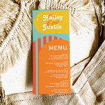 Vintage retro 70s terracotta arch wedding menu<br><div class="desc">Vintage retro 70s burnt orange terracotta arch wedding menu featuring colorful orange,  yellow,  retro teal blue striped arch,  and geometric shapes. . All the colors are fully editable to match your wedding color palette. Modern and retro bold fonts.</div>