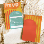 Vintage retro 70s terracotta arch wedding rsvp invitation<br><div class="desc">Vintage retro 70s burnt orange terracotta arch rsvp wedding featuring colorful orange,  yellow,  retro teal blue striped arch,  and geometric shapes. All the colors are fully editable to match your wedding color palette. Modern and retro bold fonts.</div>