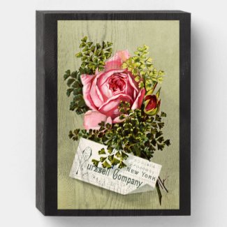 Vintage Retro Ad with Beautiful Pink Rose Wooden Box Sign