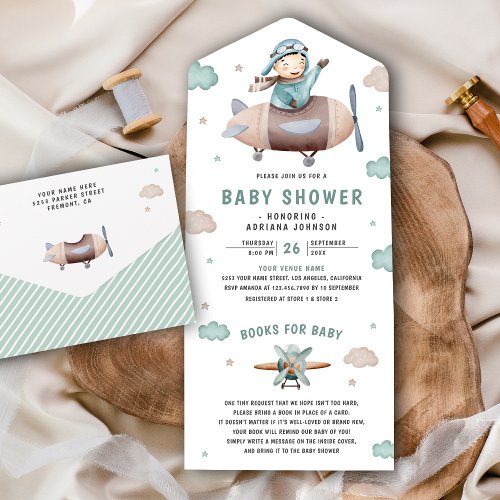 Vintage Retro Airplane Cute Pilot Baby Shower All In One Invitation