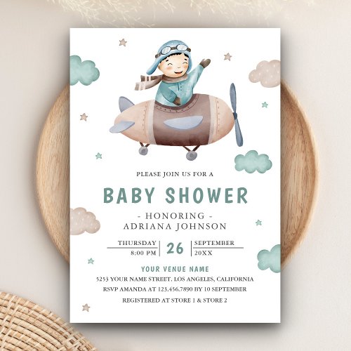 Vintage Retro Airplane Cute Pilot Baby Shower Invitation