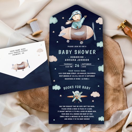 Vintage Retro Airplane Cute Pilot Navy Baby Shower All In One Invitation