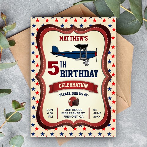Vintage Retro Airplane Kids Birthday Party Invite