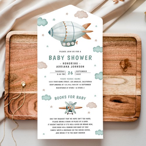 Vintage Retro Airship Cute Blimp Baby Shower All In One Invitation