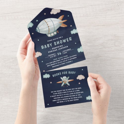Vintage Retro Airship Cute Blimp Navy Baby Shower All In One Invitation