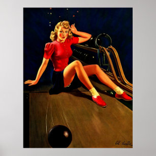 Vintage Retro Al Buell Bowling Pin-up Girl Poster