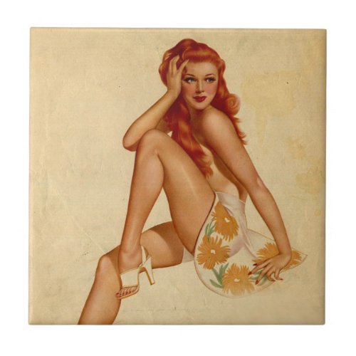 Vintage Retro Alberto Vargas Redhead Pin Up Girl Ceramic Tile