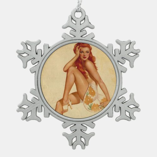 Vintage Retro Alberto Vargas Redhead Pin Up Girl Snowflake Pewter Christmas Ornament