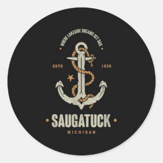 Vintage Retro Anchor Saugatuck Michigan Boating Sa Classic Round Sticker